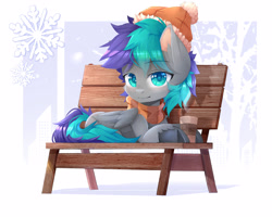 Size: 3750x3000 | Tagged: safe, artist:lostdreamm, oc, oc only, oc:wubzy, pegasus, pony, beanie, bench, chocolate, clothes, commission, food, hat, high res, hot chocolate, scarf, snow, snowflake, solo, winter