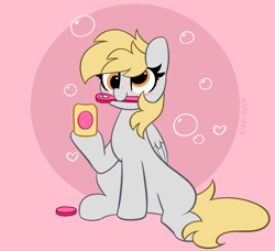 Size: 4568x4170 | Tagged: safe, artist:kittyrosie, derpy hooves, pegasus, pony, g4, absurd resolution, blushing, bubble, cute, derpabetes, female, heart, heart eyes, kittyrosie is trying to murder us, mare, mouth hold, pink background, simple background, sitting, smiling, solo, wingding eyes