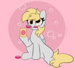 Size: 4568x4170 | Tagged: safe, artist:kittyrosie, derpy hooves, pegasus, pony, absurd resolution, blushing, bubble, cute, derpabetes, female, mare, mouth hold, pink background, simple background, sitting, smiling, solo