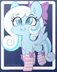 Size: 2392x3000 | Tagged: safe, artist:sakukitty, oc, oc only, oc:snowdrop, pegasus, pony, bow, clothes, eye clipping through hair, eyebrows, eyebrows visible through hair, female, filly, foal, grin, high res, pegasus oc, smiling, socks, solo, wings