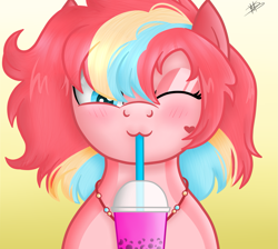 Size: 1559x1397 | Tagged: safe, artist:princessmoonsilver, oc, oc only, oc:loly pop, earth pony, pony, blushing, bust, female, jewelry, mare, milkshake, necklace, one eye closed, portrait, simple background, solo, straw, yellow background