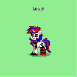 Size: 400x400 | Tagged: safe, artist:snowi, oc, oc:snowi, pony, unicorn, pony town, biohazard, black and red, black and red scarf, black and red socks, blue hair, clothes, female, horn, mare, pixel art, red and blue, red and blue hair, red eyes, red hair, scarf, socks, solo, white hair, white pony
