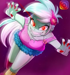 Size: 1080x1152 | Tagged: safe, artist:the-butch-x, lyra heartstrings, vampire, equestria girls, g4, background human, breasts, busty lyra heartstrings, cleavage, fangs, female, instagram, looking at you, red eyes, solo, teeth