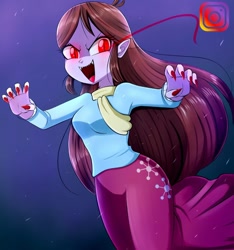 Size: 1080x1152 | Tagged: safe, artist:the-butch-x, velvet sky, vampire, equestria girls, g4, background human, breasts, busty velvet sky, clothes, fangs, female, instagram, looking at you, open mouth, red eyes, skirt, solo, teeth