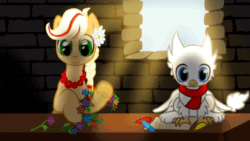 Size: 520x293 | Tagged: safe, artist:ailish, oc, oc:frosty (mec), oc:poppy seed (mec), griffon, pony, animated, braid, cute, flower, flower in hair, gif, mascot, middle equestrian convention, not applejack, poland, tongue out, youtube link