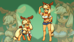 Size: 1920x1094 | Tagged: safe, artist:moonseeker, applejack, earth pony, pony, anthro, unguligrade anthro, g4, anthro ponidox, applejacked, belly button, big breasts, breasts, busty applejack, cleavage, clothes, denim skirt, flexing, hand on hip, hat, heart, miniskirt, muscles, self ponidox, skirt, top, zoom layer