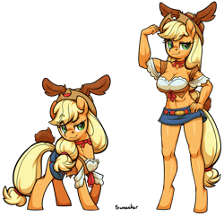 Size: 3537x3406 | Tagged: safe, alternate version, artist:moonseeker, applejack, earth pony, pony, anthro, unguligrade anthro, g4, anthro ponidox, applejacked, belly button, big breasts, breasts, busty applejack, cleavage, clothes, denim skirt, dog ears, flexing, hand on hip, hat, high res, miniskirt, muscles, self ponidox, shirt, simple background, skirt, top, transparent background