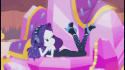 Size: 544x306 | Tagged: safe, screencap, rarity, equestria girls, equestria girls series, g4, the other side, animated, bare shoulders, blinking, gif, headphones, high heels, shoes, sleeveless, smiling, solo, strapless, unitard, vibing