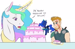Size: 2048x1346 | Tagged: safe, artist:eperyton, princess celestia, princess luna, alicorn, human, pony, g4, armor, cake, face paint, facial markings, female, food, glowing horn, horn, magic, male, mare, marvel, marvel cinematic universe, pony sized pony, portuguese, raised hoof, royal sisters, siblings, sisters, talking, telekinesis, thor, thor: ragnarok, translated in the comments, wings