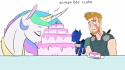 Size: 2048x1145 | Tagged: safe, artist:eperyton, princess celestia, princess luna, alicorn, human, pony, g4, armor, cake, cakelestia, eating, face paint, facial markings, female, food, horn, magic, male, mare, marvel, marvel cinematic universe, pony sized pony, portuguese, raised hoof, royal sisters, siblings, sisters, talking, thor, thor: ragnarok, translated in the comments, wings