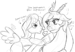 Size: 1257x882 | Tagged: safe, artist:chibi-n92, discord, fluttershy, draconequus, pegasus, pony, g4, keep calm and flutter on, bust, butterscotch, duo, eris, female, lineart, male, monochrome, rule 63, scene interpretation, sketch, smiling, stallion, stare, talking, the stare, wings