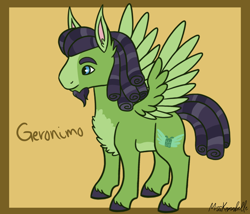 Size: 1750x1500 | Tagged: safe, artist:misskanabelle, geronimo, pegasus, pony, beard, chest fluff, facial hair, male, signature, stallion, story included, two toned wings, unshorn fetlocks, wings