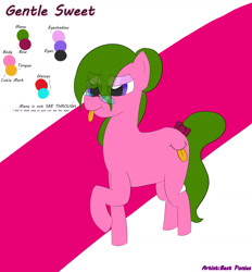 Size: 2225x2400 | Tagged: safe, artist:bestponies, oc, oc only, oc:gentle sweet, earth pony, pony, :p, bow, cutie mark, dialogue, earth pony oc, eyeshadow, female, glasses, green mane, high res, makeup, mane, mare, reference sheet, tail, tongue out