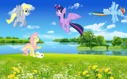 Size: 717x448 | Tagged: safe, artist:rubimlp6, angel bunny, derpy hooves, fluttershy, rainbow dash, twilight sparkle, alicorn, pegasus, pony, rabbit, g4, animal, female, flying, mare, outdoors, twilight sparkle (alicorn)