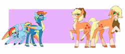 Size: 6500x2800 | Tagged: safe, artist:rubimlp6, applejack, rainbow dash, earth pony, pegasus, pony, g4, abstract background, chest fluff, clothes, female, goggles, hat, mare, raised hoof, redesign, uniform, wings, wonderbolts uniform