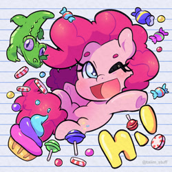 Size: 1000x1000 | Tagged: safe, artist:talimingi, gummy, pinkie pie, alicorn, earth pony, pony, g4, blushing, digital art, female, hooves, mare, no tail, one eye closed, open mouth, open smile, smiling, thighs