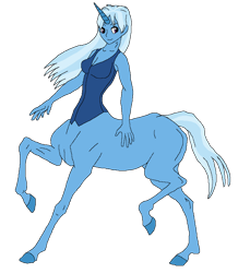 Size: 754x866 | Tagged: safe, alternate version, artist:cdproductions66, artist:nypd, trixie, centaur, monster girl, g4, base used, breasts, busty trixie, centaurified, cleavage, clothes, female, hooves, horn, human head, light blue hair, long hair, missing cutie mark, raised hooves, reasonably sized breasts, simple background, sleeveless, solo, transparent background, two toned hair, two toned tail, unicorn horn, unitaur, vest, violet eyes