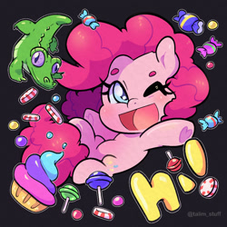 Size: 1000x1000 | Tagged: safe, alternate version, artist:talimingi, gummy, pinkie pie, alicorn, earth pony, pony, g4, blushing, digital art, female, hooves, mare, no tail, one eye closed, open mouth, simple background, thighs