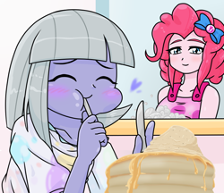 Size: 740x640 | Tagged: safe, artist:batipin, limestone pie, pinkie pie, equestria girls, g4, blushing, cute, duo, eating, equestria girls-ified, eyes closed, female, food, limabetes, pancakes, smiling, when she smiles