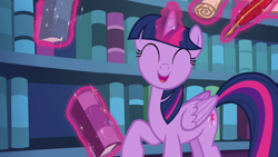 Size: 1280x720 | Tagged: safe, screencap, twilight sparkle, alicorn, pony, g4, season 6, the fault in our cutie marks, ^^, book, cute, dhx is trying to murder us, eyes closed, female, magic, magic aura, mare, open mouth, smiling, solo, telekinesis, that pony sure does love books, twiabetes, twilight sparkle (alicorn), twilight's castle, weapons-grade cute