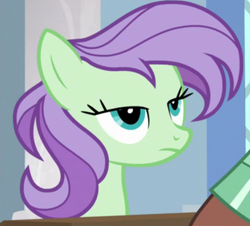 Size: 567x512 | Tagged: safe, screencap, violet twirl, yona, pegasus, pony, a horse shoe-in, g4, season 9, cropped, friendship student, offscreen character, solo focus, unamused, violet twirl is not amused