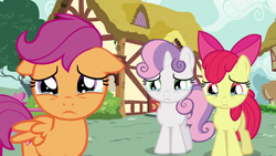 Size: 1280x720 | Tagged: safe, screencap, apple bloom, scootaloo, sweetie belle, earth pony, pegasus, pony, unicorn, g4, season 6, the fault in our cutie marks, adorabloom, apple bloom's bow, bow, crying, cute, cutealoo, cutie mark crusaders, diasweetes, female, filly, floppy ears, hair bow, sad, sadorable, teary eyes, trio, trio female