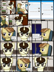 Size: 1750x2333 | Tagged: safe, artist:99999999000, oc, oc only, oc:cwe, oc:zhang cathy, earth pony, insect, pony, comic:visit, chair, chat, clothes, comic, computer, female, glasses, keyboard, male
