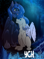 Size: 3000x4000 | Tagged: safe, artist:stirren, princess luna, oc, alicorn, pony, g4, commission, couple, forest, night, sitting, your character here