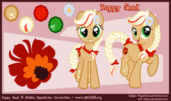 Size: 1520x900 | Tagged: safe, artist:lifyen, oc, oc:poppy seed (mec), earth pony, pony, braid, female, mascot, middle equestrian convention, not applejack, reference sheet, solo