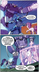 Size: 720x1315 | Tagged: safe, artist:caseycoller, artist:jack lawrence, idw, fluttershy, pinkie pie, rarity, earth pony, pegasus, pony, unicorn, g4, the magic of cybertron, spoiler:comic, spoiler:friendship in disguise02, spoiler:the magic of cybertron04, comic, energon, exosuit, female, friendship in disguise, mare, shockwave, transformers