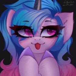Size: 2048x2048 | Tagged: safe, artist:lullam0on, izzy moonbow, pony, unicorn, g5, :p, black background, cute, eye clipping through hair, eyebrows, eyebrows visible through hair, eyelashes, female, high res, izzybetes, mare, signature, simple background, solo, tongue out, unshorn fetlocks