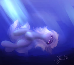 Size: 1280x1116 | Tagged: safe, artist:sylviaproductions, oc, oc only, earth pony, pony, crepuscular rays, digital art, looking up, ocean, purple eyes, signature, slit pupils, solo, sunlight, underwater, water