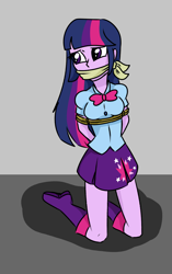 Size: 1116x1772 | Tagged: safe, artist:nie-martw-sie-o-mnie, twilight sparkle, equestria girls, g4, arm behind back, bondage, boots, bound and gagged, cloth gag, clothes, female, gag, high heel boots, kneeling, rope, rope bondage, shoes, solo, tied up