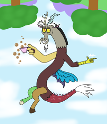 Size: 4720x5490 | Tagged: safe, artist:wolvinof, discord, draconequus, g4, absurd resolution, bubble, chaos, chocolate, chocolate milk, cloud, cloudy, cup, discord being discord, finger snap, floating, grin, male, milk, mountain, smiling, smug, solo, teacup, tree, upside down