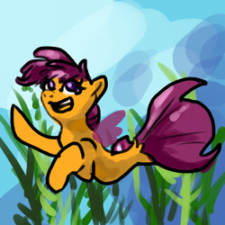 Size: 1280x1280 | Tagged: safe, artist:flurryheart04, scootaloo, pegasus, pony, seapony (g4), g4, surf and/or turf, crepuscular rays, dorsal fin, female, fin wings, fish tail, flowing tail, ocean, open mouth, purple eyes, purple mane, seaponified, seapony scootaloo, seaweed, smiling, solo, species swap, sunlight, swimming, tail, teeth, underwater, water, wings