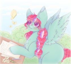 Size: 1100x1000 | Tagged: safe, artist:saltyvity, oc, oc only, oc:poet, butterfly, pegasus, pony, cloud, cute, flower, pencil, solo
