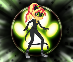 Size: 1884x1600 | Tagged: safe, artist:machakar52, sunset shimmer, equestria girls, g4, adrien agreste, alternate hairstyle, animal costume, bell, bodysuit, cat bell, cat costume, cat ears, cat eyes, cat noir, cat tail, catsuit, chat noir, claw, claws, clothes, cosplay, costume, crossover, female, hairstyle, looking at you, mask, miraculous ladybug, paws, ponytail, slit pupils, smiling, solo