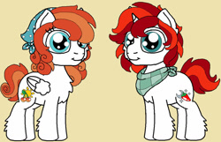 Size: 1024x661 | Tagged: safe, artist:rosefang16, oc, oc only, oc:cherry dawn, oc:chili dusck, pegasus, pony, unicorn, adopted offspring, brother and sister, colt, duo, female, filly, male, offspring, parent:big macintosh, parent:marble pie, parents:marblemac, siblings, simple background, yellow background