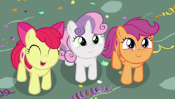 Size: 1280x720 | Tagged: safe, screencap, apple bloom, scootaloo, sweetie belle, earth pony, pegasus, pony, unicorn, g4, season 6, the fault in our cutie marks, ^^, adorabloom, apple bloom's bow, bow, confetti, cute, cutealoo, cutie mark crusaders, diasweetes, eyes closed, female, filly, hair bow, looking up, open mouth, smiling, weapons-grade cute
