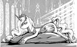 Size: 1380x856 | Tagged: safe, artist:jowyb, oc, oc only, alicorn, pony, fanfic:the immortal game, alicorn oc, commission, cushion, fanfic art, grayscale, horn, lying down, male, monochrome, prone, solo, throne room, wings