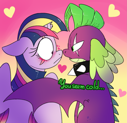 Size: 1667x1615 | Tagged: safe, artist:northernlightsone, spike, twilight sparkle, alicorn, dragon, pony, g4, alternate hairstyle, alternate universe, blushing, boop, broken horn, collar, eye scar, female, heart, horn, hug, looking at each other, male, mare, noseboop, scar, ship:twispike, shipping, spiked collar, straight, twilight sparkle (alicorn), winged spike, winghug, wings