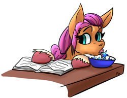 Size: 892x690 | Tagged: safe, artist:mekblue, sunny starscout, earth pony, pony, g5, book, bowl, cloven hooves, simple background, solo, star fruit, tongue out, unshorn fetlocks