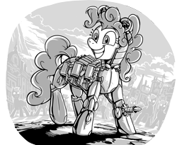 Size: 8940x7341 | Tagged: safe, artist:jowyb, pinkie pie, earth pony, pony, fanfic:the immortal game, g4, armor, commission, fanfic art, female, grayscale, grin, mare, monochrome, smiling, solo focus