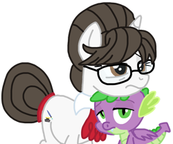 Size: 1280x1067 | Tagged: safe, artist:徐詩珮, raven, spike, dragon, pony, unicorn, g4, annoyed, bored, commission, cute, daaaaaaaaaaaw, duo, female, glasses, hair bun, hnnng, interspecies, male, mare, necktie, older, older spike, raven is not amused, ravenbetes, secretary, ship:ravenspike, shipping, simple background, sleepy, spikabetes, spike is not amused, spikelove, straight, tired, transparent background, unamused, winged spike, wings