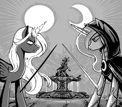 Size: 8328x7341 | Tagged: safe, artist:jowyb, princess luna, oc, oc:titan, alicorn, pony, fanfic:the immortal game, g4, alicorn oc, cloak, clothes, commission, duel, fanfic art, female, fight, fountain, glowing eyes, glowing horn, grayscale, horn, magic, male, monochrome, profile, sword, weapon, wings