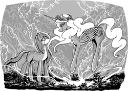 Size: 1380x981 | Tagged: safe, artist:jowyb, princess celestia, oc, oc:terra, alicorn, earth pony, pony, fanfic:the immortal game, g4, alicorn oc, commission, crying, duo, earth pony celestia, fanfic art, female, floating, forest, grayscale, horn, monochrome, pink-mane celestia, prehensile mane, profile, this will end in pain, wings