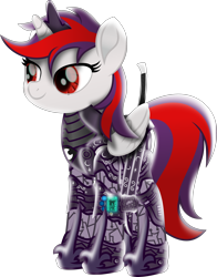 Size: 2570x3282 | Tagged: safe, artist:lincolnbrewsterfan, derpibooru exclusive, oc, oc only, oc:blackjack, alicorn, cyborg, pony, fallout equestria, fallout equestria: project horizons, my little pony: the movie, .svg available, armor, cyber eyes, cyber legs, cyberpunk, delta pipbuck, fanfic art, feathered wings, female, folded wings, happy, headcanon in the description, high res, highlights, level 5 (iconium) (project horizons), looking at something, mare, moonlight eclipse (project horizons), movie accurate, rapier, sheath, simple background, smiling, solo, standing, svg, sword, transparent background, vector, weapon, wings