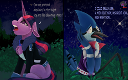 Size: 1920x1200 | Tagged: safe, artist:brainiac, twilight sparkle, g4, aeroplanes and meteor showers, airplanes (song), crack shipping, crossover, crossover shipping, female, link in description, male, meme, mordecai, mordetwi, redraw mordetwi meme, regular show, shipping, straight, text, time-lapse included