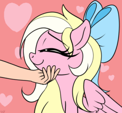 Size: 2800x2600 | Tagged: safe, artist:littlenaughtypony, oc, oc only, oc:bay breeze, human, pegasus, pony, animated, bow, chin scratch, cute, female, hand, high res, human on pony petting, mare, offscreen character, offscreen human, pegasus oc, petting, smiling