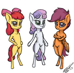 Size: 900x890 | Tagged: safe, artist:assasinmonkey, apple bloom, scootaloo, sweetie belle, earth pony, pegasus, unicorn, semi-anthro, g4, arm hooves, cutie mark crusaders, female, filly